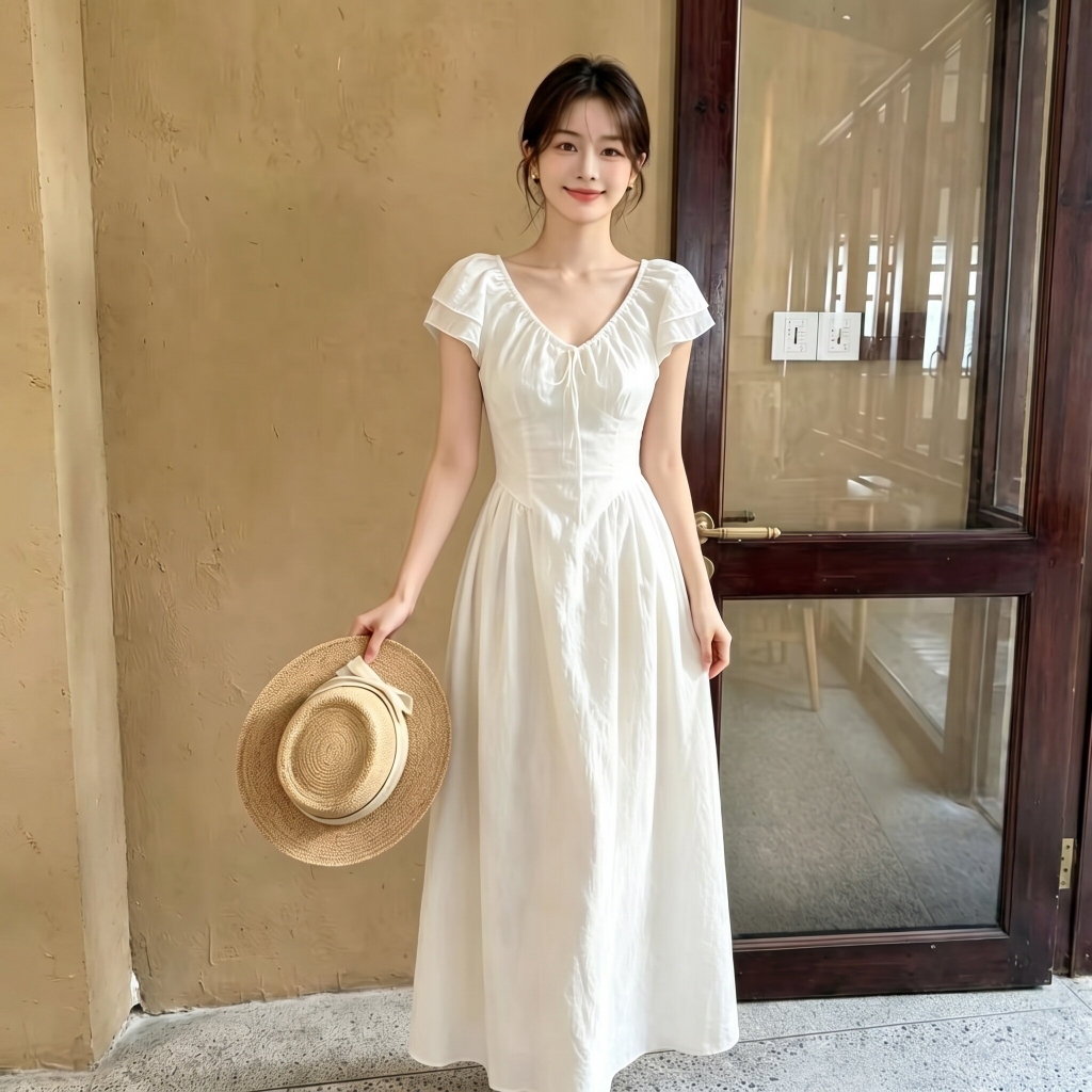 Đầm dài trơn màu chiết eo phong cách Pháp B569