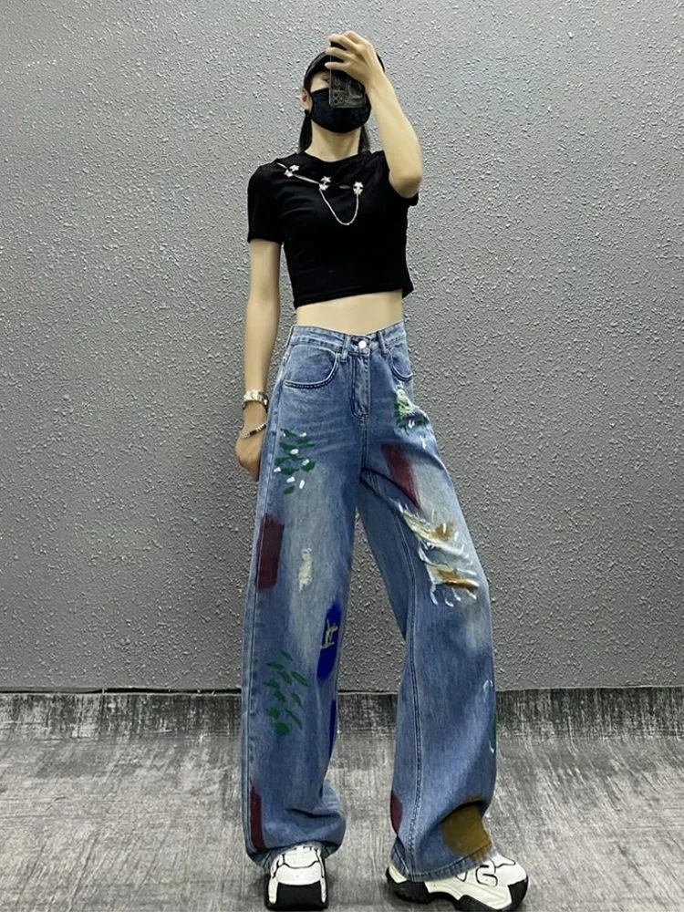 Quần jean rách gối phối sơn cạp cao ống rộng dáng suông dài phong cách HIP HOP QJ018250