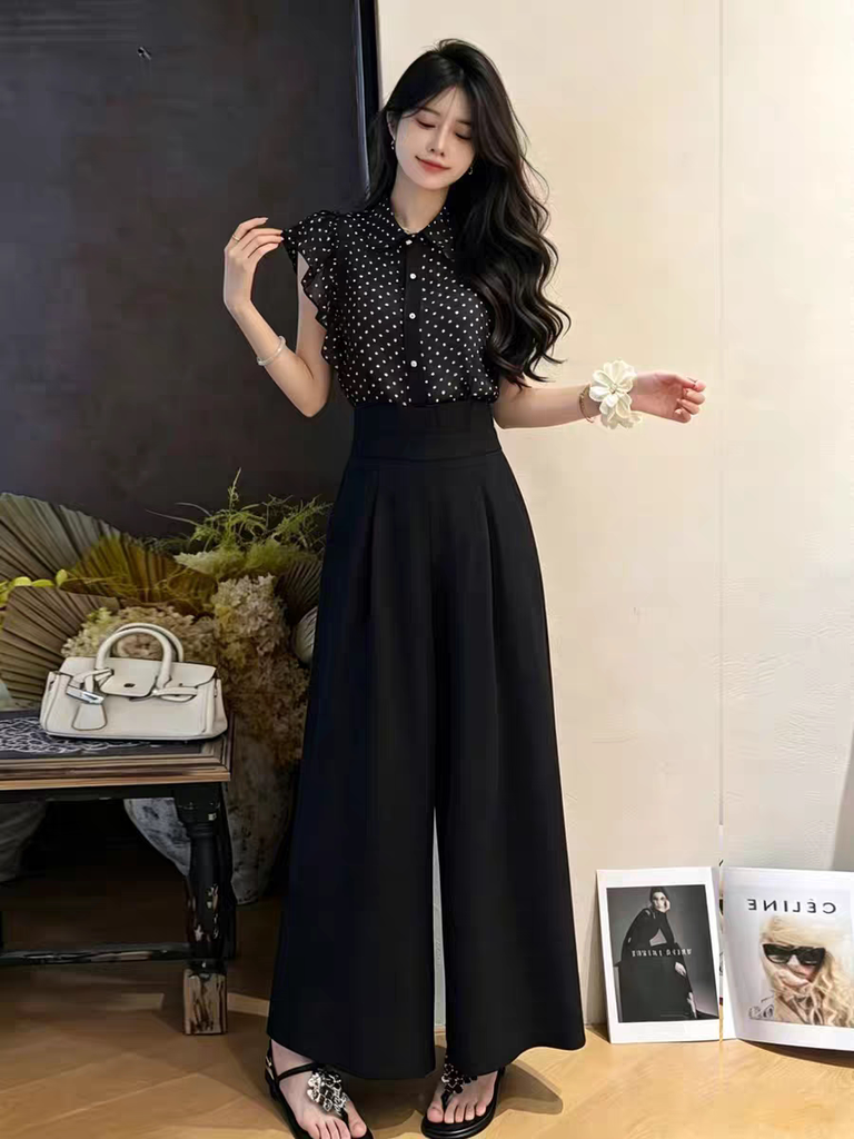 Set 2 món: Áo sơ mi chấm bi tay cánh tiên + Quần ống rộng cạp cao B387