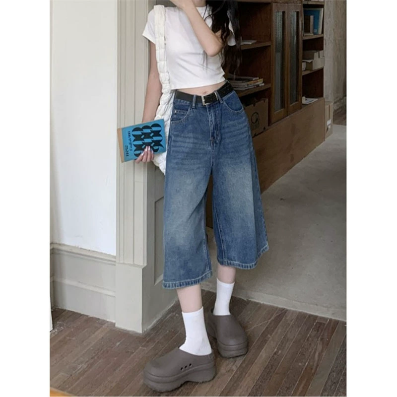 Quần Jean Nữ Ống Rộng Dáng Lửng Cạp Cao Cổ Điển - Chất Denim Co Giãn, Tôn Dáng Che Bắp, Cỡ Lớn