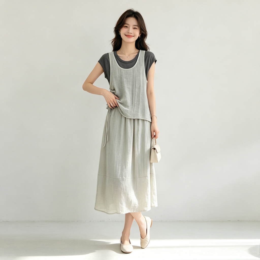 Set 3 món: Áo hai dây + Áo thun ngắn + Chân váy B607