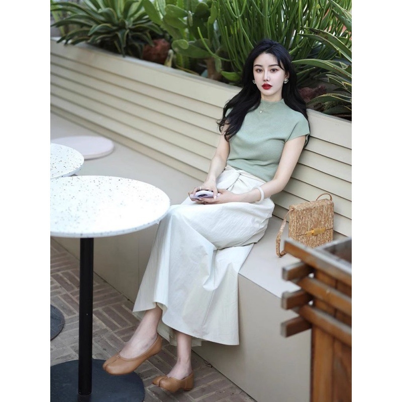 Set áo len mongtoghi chân váy voan xanh mint phong cách tiểu thư D222240