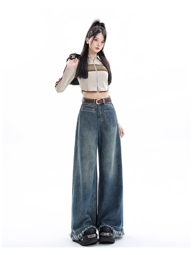 Quần Jean Nữ Ống Rộng Phong Cách Retro Mỹ, Gấu Sơ Vin, Cạp Cao, Dáng Suông Tôn Dáng, Thiết Kế Mới QJ060250
