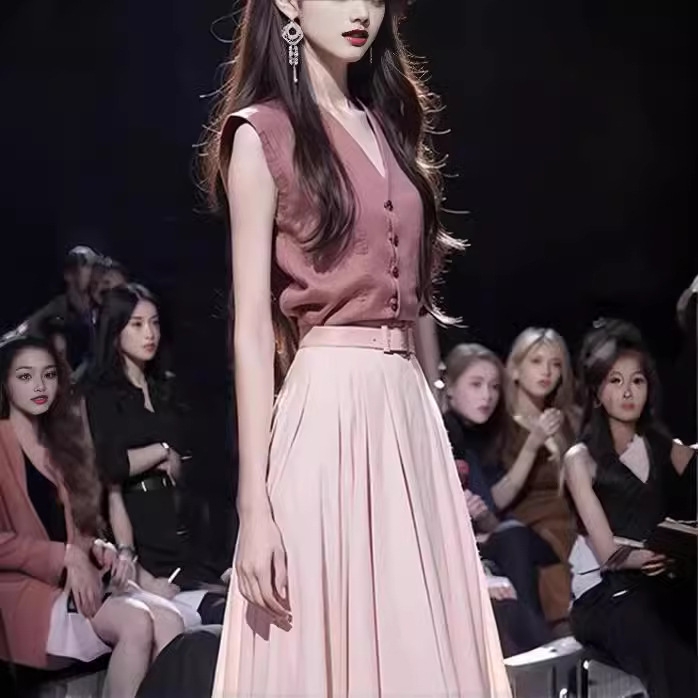 Set bộ Hồng áo ghile sát nách phối chân váy tương phản phong cách Hàn Quốc xu hướng D371240