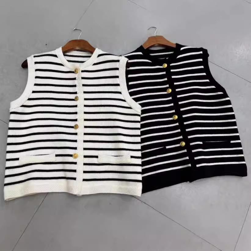 Áo khoác Cardigan len dệt kim kẻ sọc cổ tròn kiểu pháp xu hướng thu đông D316240