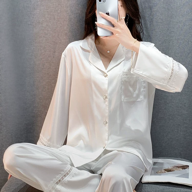 Bộ Đồ Ngủ Lụa Băng Mùa Xuân Thu, Mặc Ngoài Ren Đôi Quần Dài Tay Đơn Giản DN155250