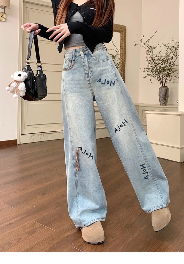 Quần Jean Nữ Size Lớn Thêu Chữ, Dáng Suông Rộng, Cạp Cao, Che Khuyết Điểm Cho Dáng Quả Lê, Thoải Mái Thanh Lịch QJ059250
