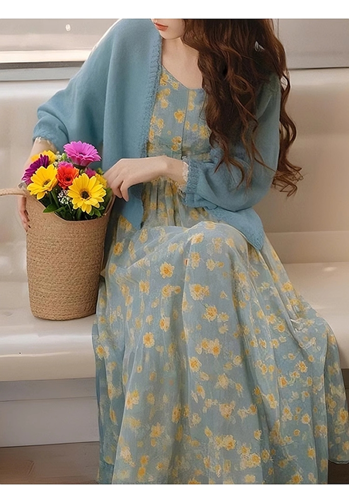 Váy hoa xanh phong cách Hàn Quốc, cardigan cao cấp khí chất sang trọng D106250