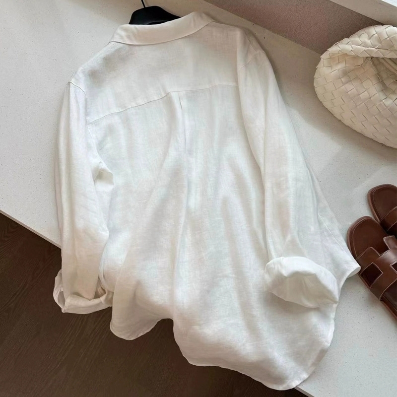 Áo Sơ Mi Nữ Vải Lanh Trắng Dáng Rộng Tay Dài Chống Nắng