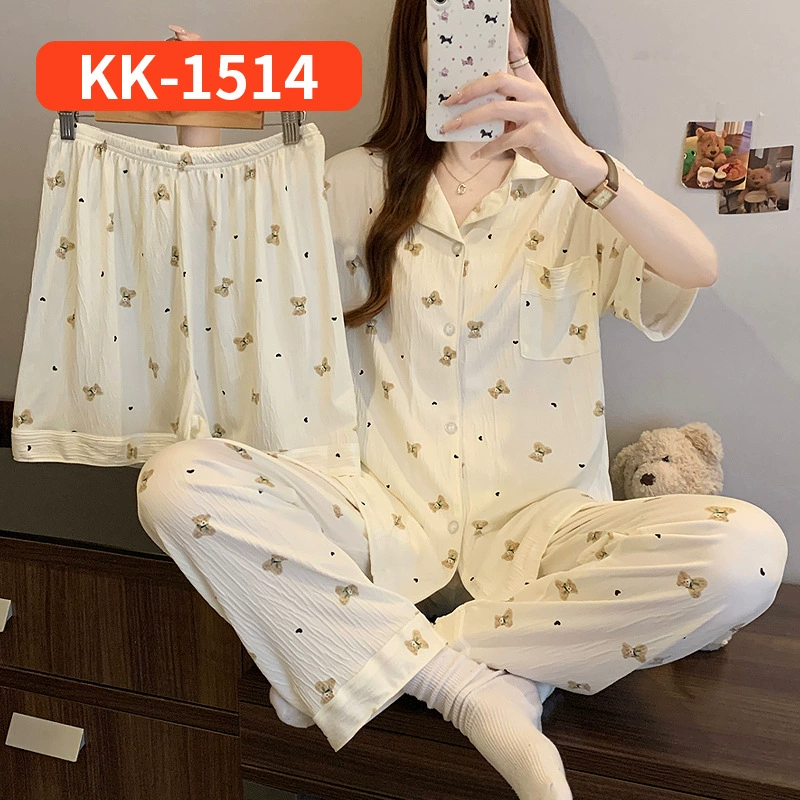 Bộ Đồ Ngủ Nữ Vải Nhăn 3 Món Tay Ngắn - Họa Tiết Nơ Ngọt Ngào Phong Cách Hàn