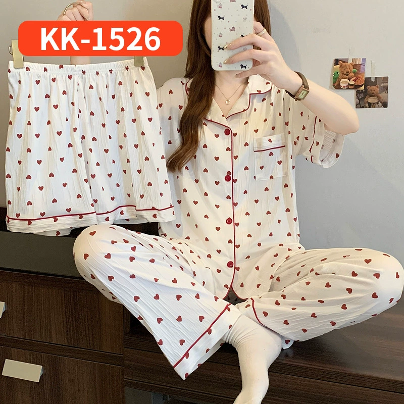 Bộ Đồ Ngủ Nữ Vải Nhăn 3 Món Tay Ngắn - Họa Tiết Nơ Ngọt Ngào Phong Cách Hàn