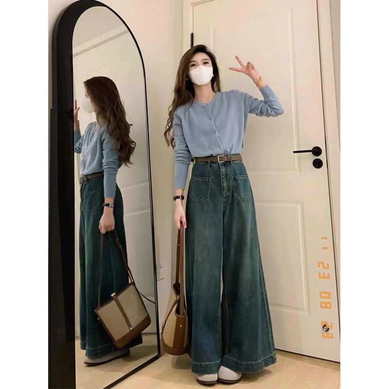  Quần Jean ống rộng cạp cao phối hai túi trước bên phong cách Hàn Quốc QJ115240