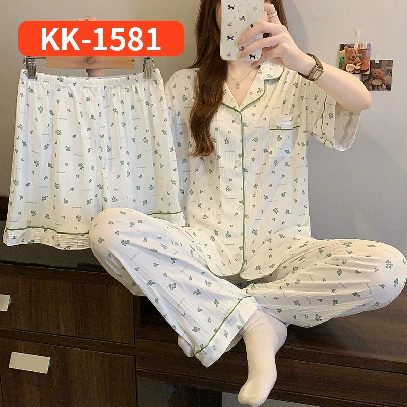 Bộ Đồ Ngủ Nữ Vải Nhăn 3 Món Tay Ngắn - Họa Tiết Nơ Ngọt Ngào Phong Cách Hàn