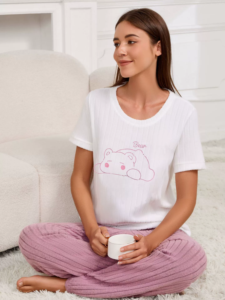 Bộ đồ ngủ nữ họa tiết dễ thương, quần dài ống suông - vải gân thun ấm áp