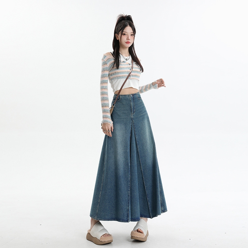 Váy denim xòe retro dáng chữ A xẻ tà cạp cao dáng dài XINY QJ046250