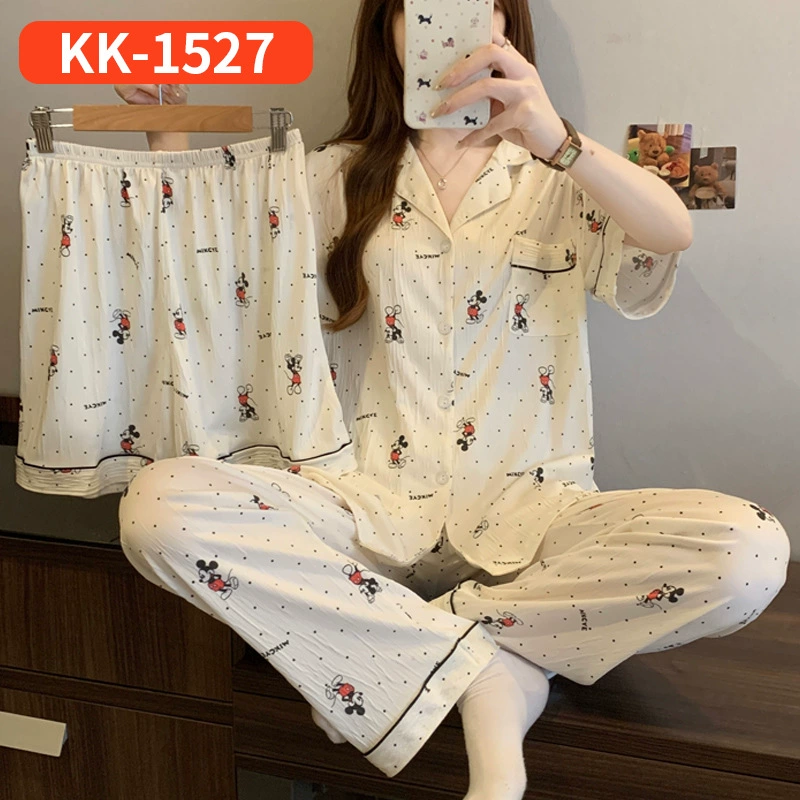 Bộ Đồ Ngủ Nữ Vải Nhăn 3 Món Tay Ngắn - Họa Tiết Nơ Ngọt Ngào Phong Cách Hàn