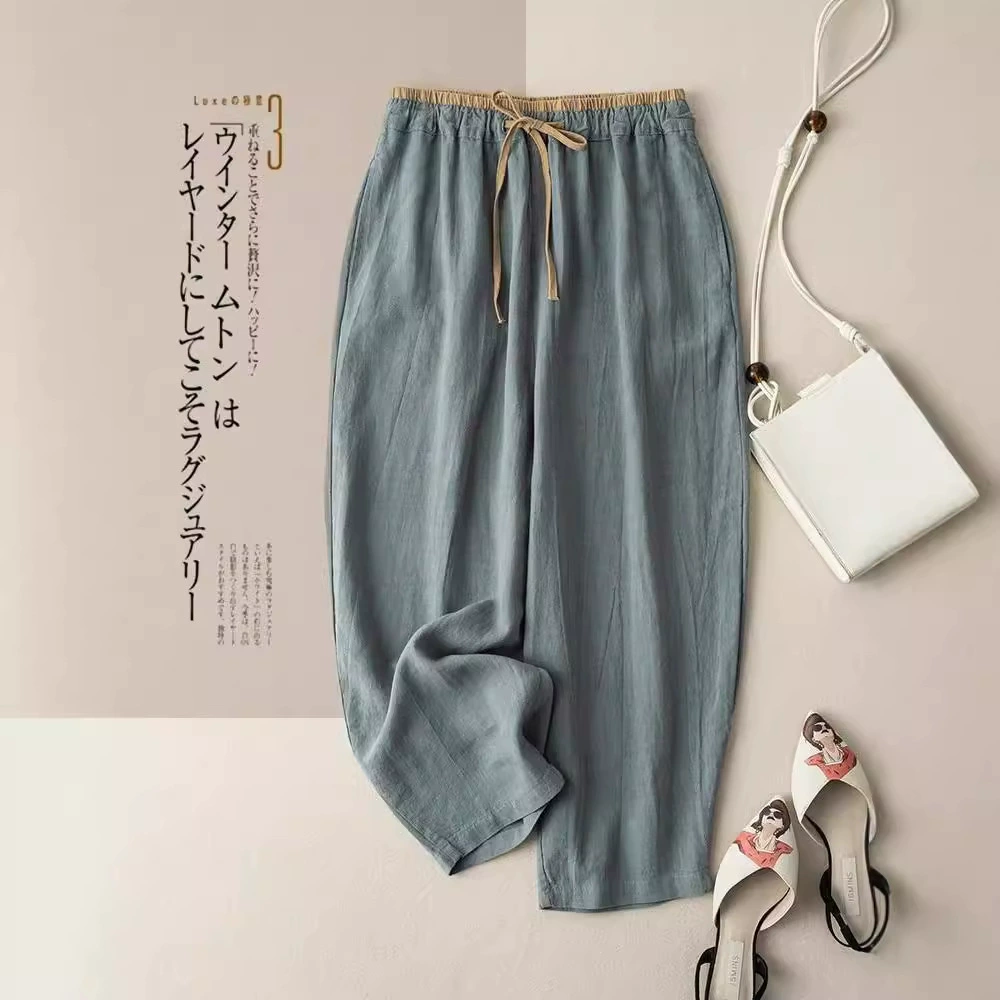 Quần vải ống rộng cotton lanh phong cách Hàn Quốc - cạp chun rút tôn dáng
