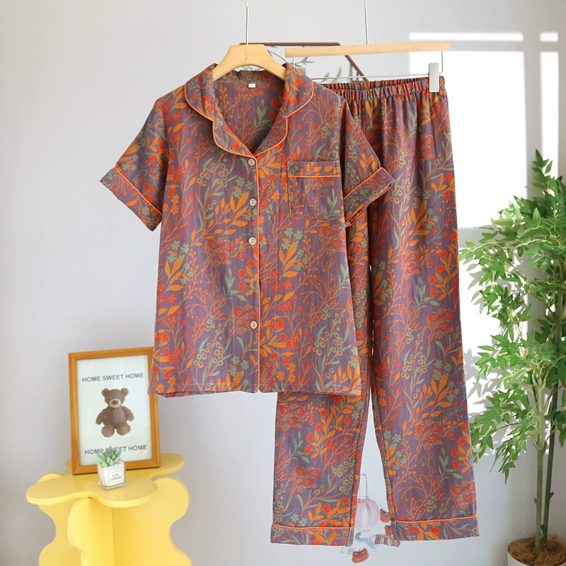 Bộ đồ ngủ cotton họa tiết Jacquard hoa lá - áo cổ vest, quần dài