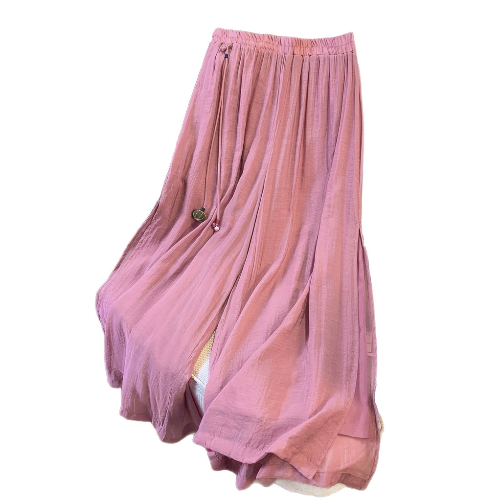 Quần Culottes Xẻ Hông Vải Lanh Cạp Cao Ống Rộng Xếp Nếp Thoáng Mát