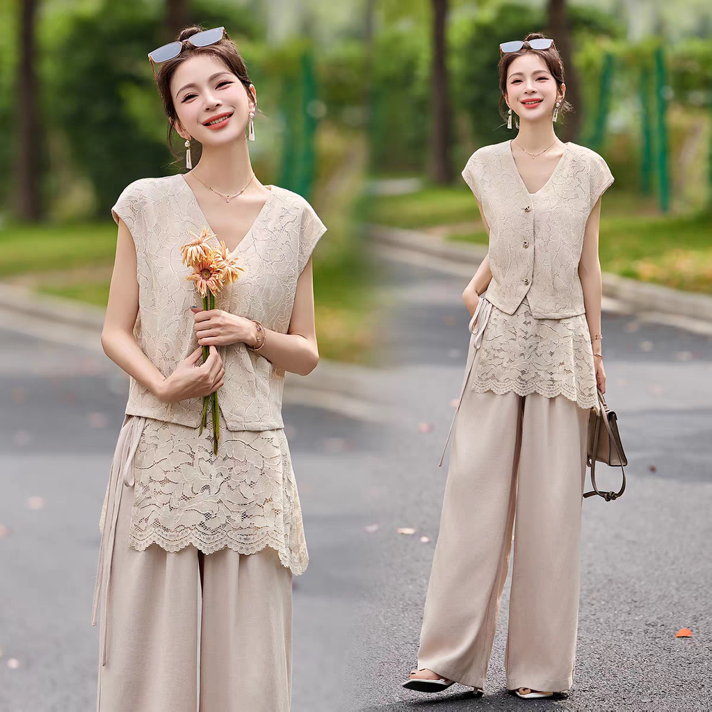 Set 3 món: Áo gile ren cổ V + Quần ống rộng B489