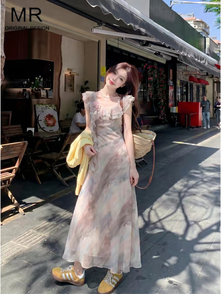 Đầm không tay cổ bèo hoa nổi phong cách Pháp B258