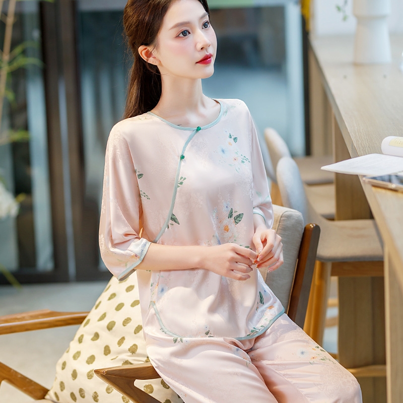 Bộ đồ ngủ cao cấp phong cách Trung Hoa lụa băng jacquard họa tiết nhẹ nhàng XINY DN109250