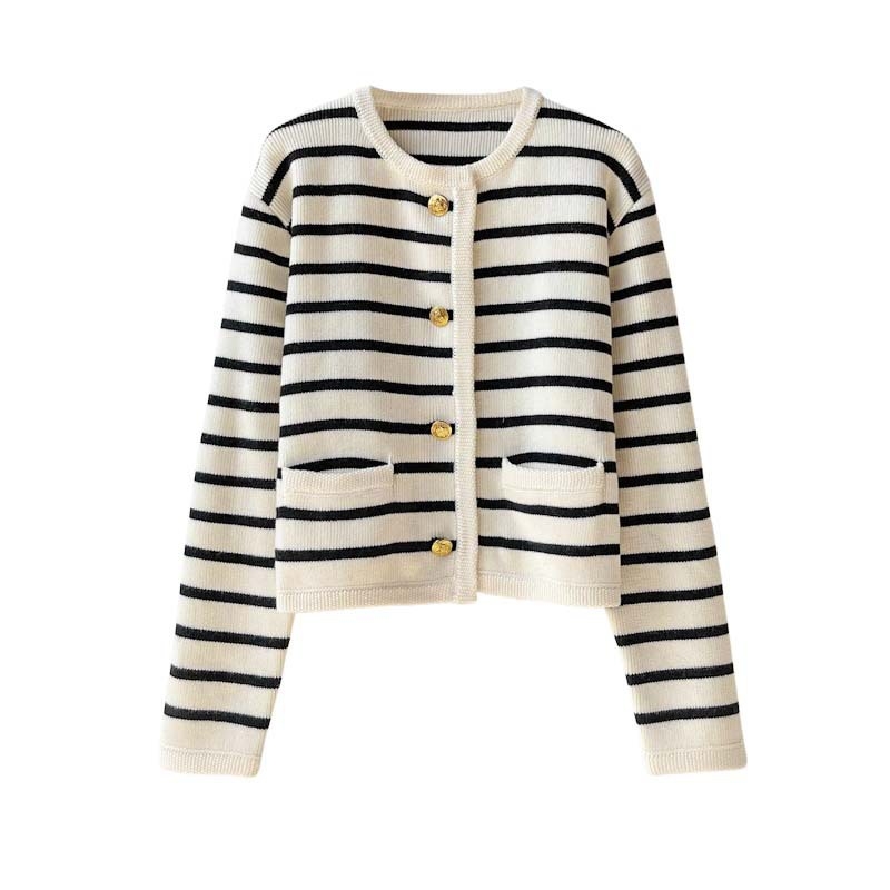 Áo khoác Cardigan len dệt kim kẻ sọc cổ tròn kiểu pháp xu hướng thu đông D316240