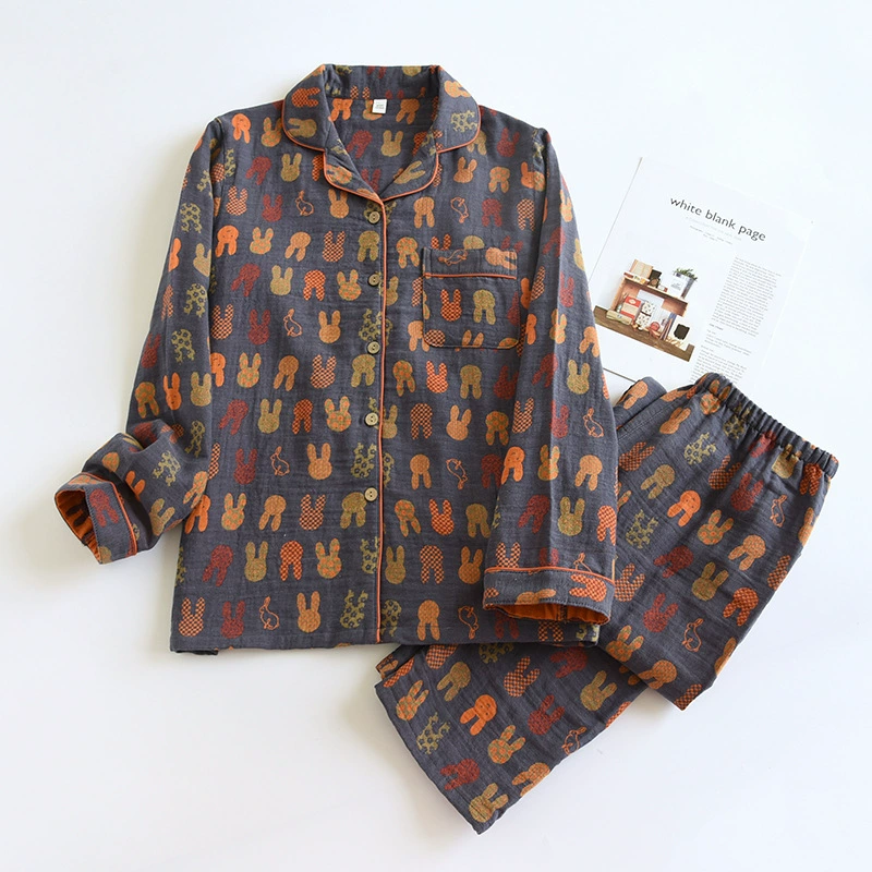 Bộ Đồ Ngủ Pyjama Vải Xô Cotton Jacquard Dài Tay Họa Tiết Vintage