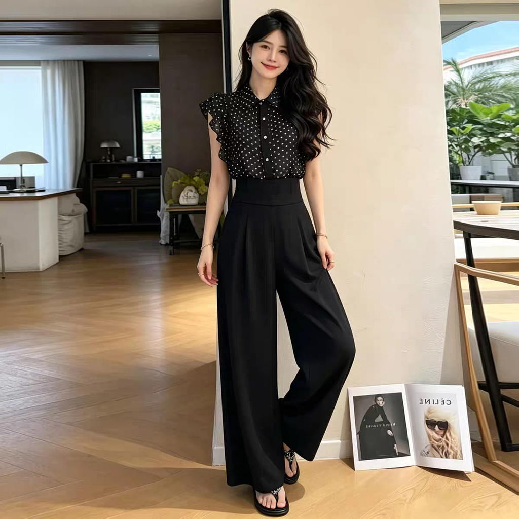 Set 2 món: Áo sơ mi chấm bi tay cánh tiên + Quần ống rộng cạp cao B387