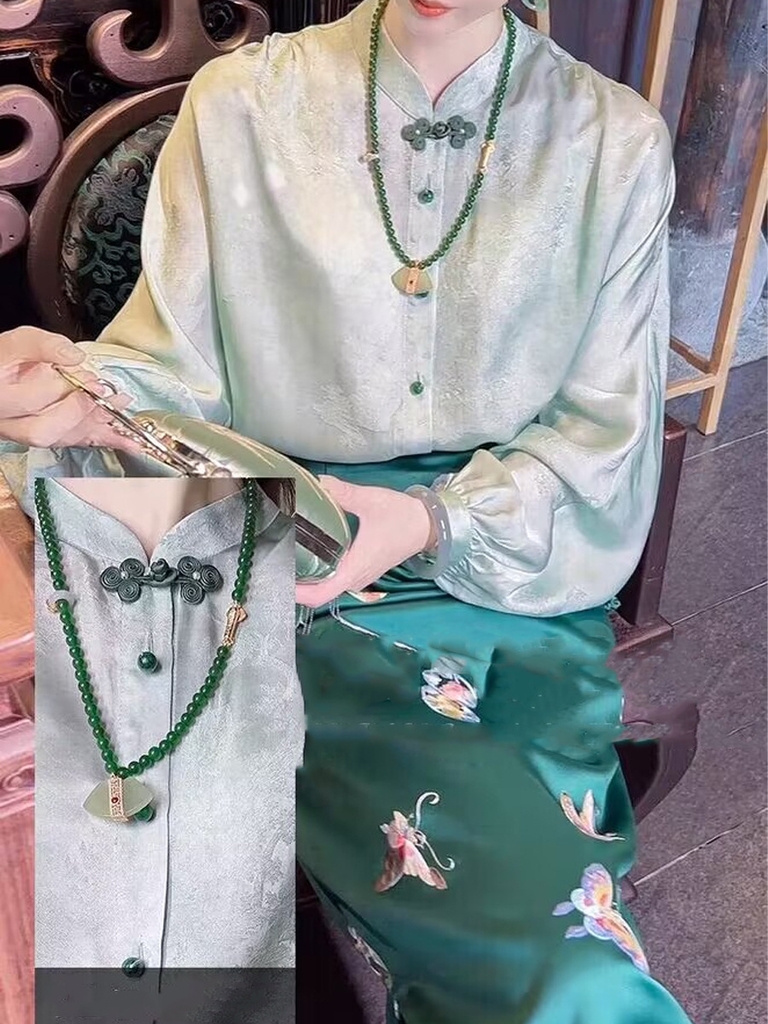 Áo lụa tơ tằm dâu tằm màu xanh lá cây Zhensi, nút jacquard cổ điển, phong cách Trung Hoa D112250