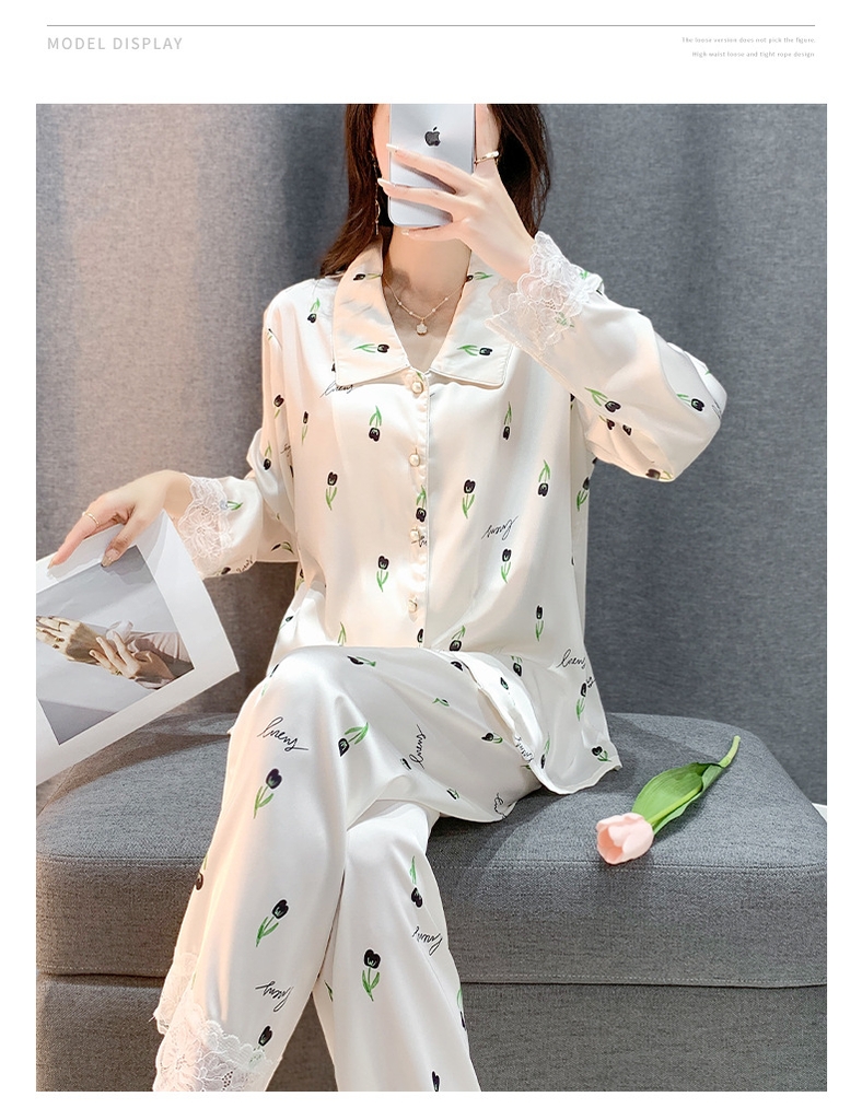 Bộ Đồ Ngủ Lụa Băng Mới Cho Nữ Phong Cách Xuân Hè Cao Cấp, Dài Tay Ren DN152250