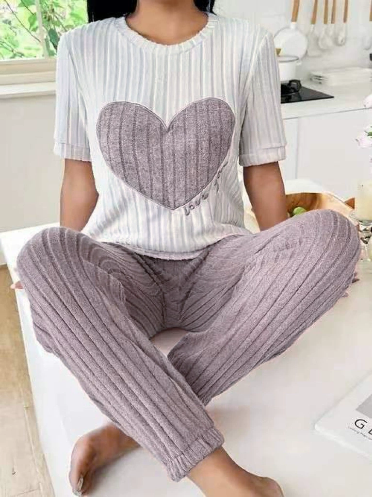 Bộ đồ ngủ nữ họa tiết dễ thương, quần dài ống suông - vải gân thun ấm áp