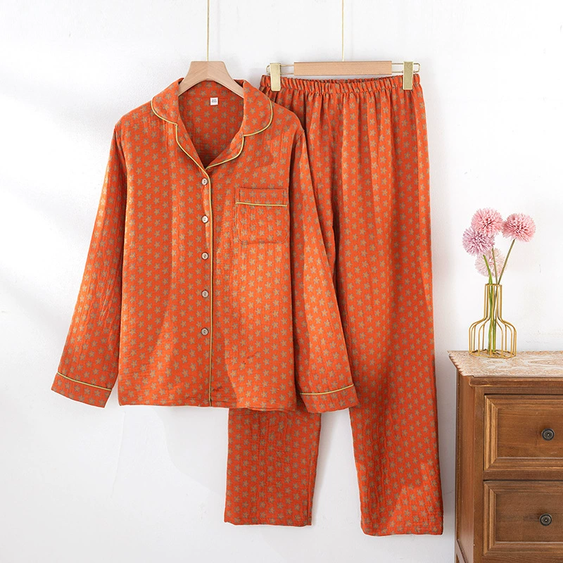 Bộ Đồ Ngủ Pyjama Vải Xô Cotton Jacquard Dài Tay Họa Tiết Vintage