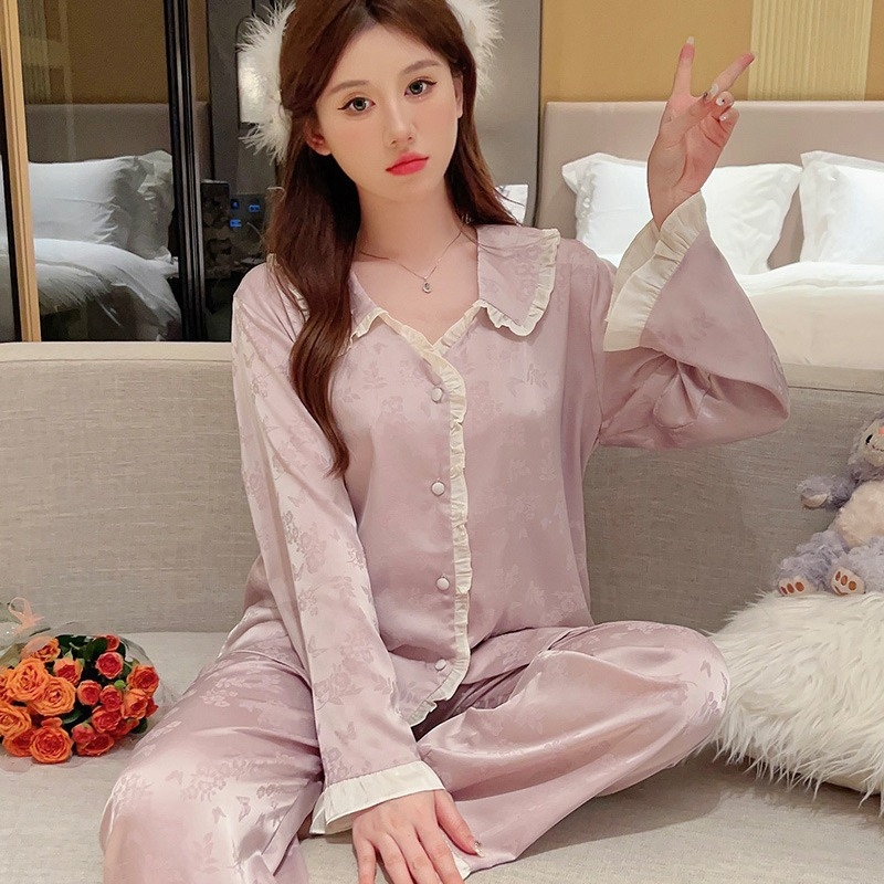 Bộ đồ ngủ phong cách mới tay dài quần dài lụa băng vải jacquard cao cấp XINY DN113250