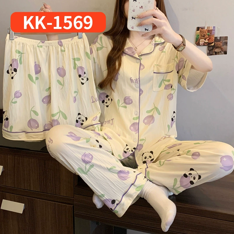 Bộ Đồ Ngủ Nữ Vải Nhăn 3 Món Tay Ngắn - Họa Tiết Nơ Ngọt Ngào Phong Cách Hàn