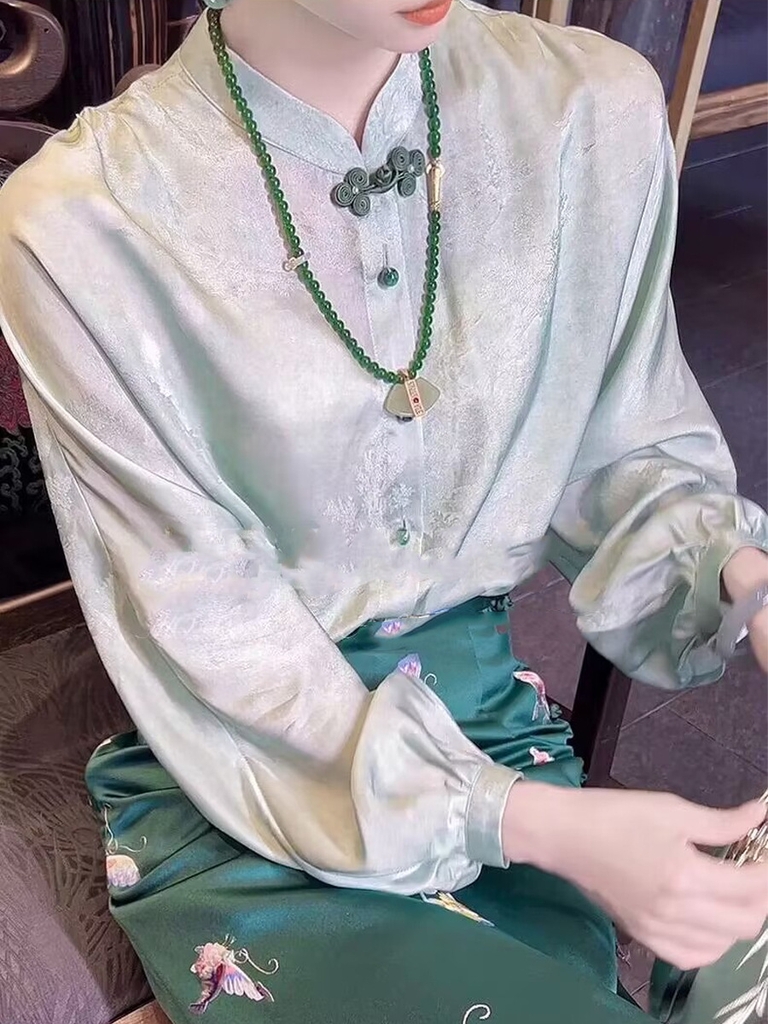 Áo lụa tơ tằm dâu tằm màu xanh lá cây Zhensi, nút jacquard cổ điển, phong cách Trung Hoa D112250