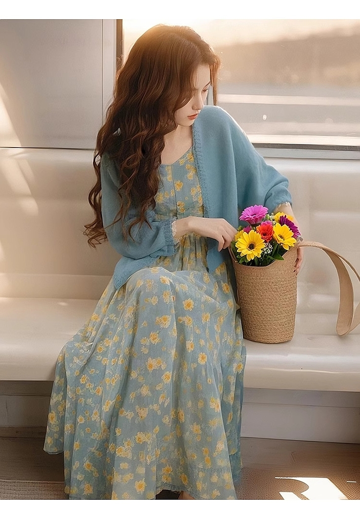 Váy hoa xanh phong cách Hàn Quốc, cardigan cao cấp khí chất sang trọng D106250