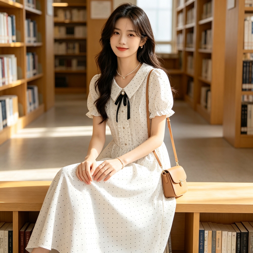 Đầm chấm bi nơ phong cách preppy B635