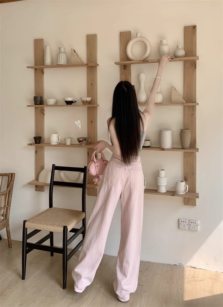 Quần Jean Hồng Nữ Thiết Kế Hè, Cạp Cao, Ống Suông Rộng, Chất Liệu Độc Đáo, Dài Qua Mắt Cá Chân QJ058250