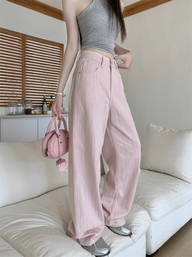 Quần Jean Hồng Nữ Thiết Kế Hè, Cạp Cao, Ống Suông Rộng, Chất Liệu Độc Đáo, Dài Qua Mắt Cá Chân QJ058250