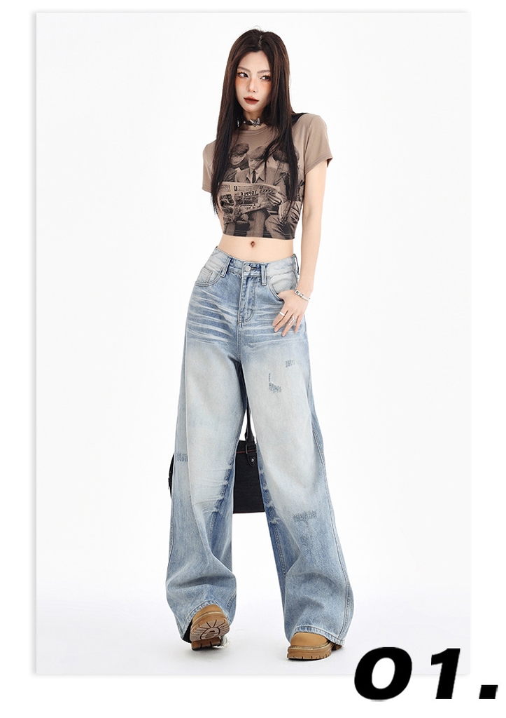 Quần Jean Old Wash Phong Cách Mỹ, Rách Phong Trần, Ống Suông Retro QJ057250