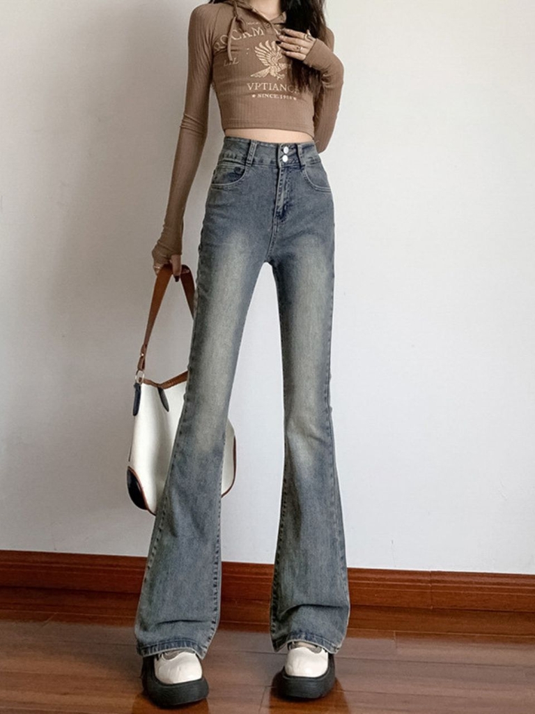 Quần jeans ống loe cạp cao phong cách, tôn dáng quả lê XINY QJ037250