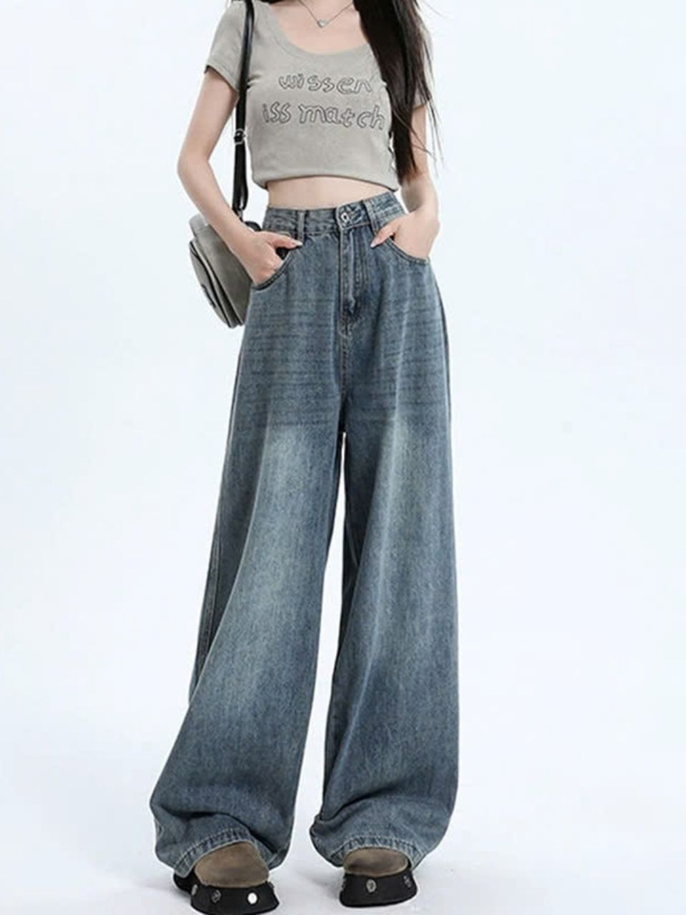 Quần jeans ống rộng lưng cao, phong cách retro Mỹ mùa hè mới, thoải mái Quảng Châu QJ070250