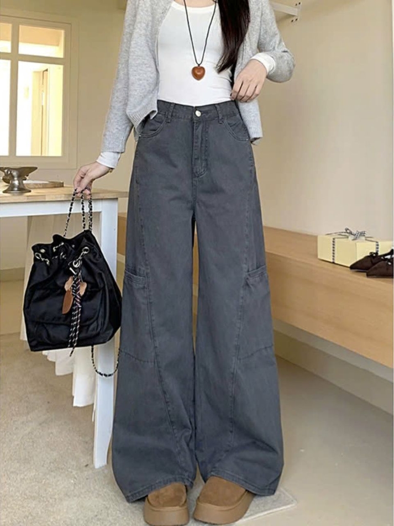 Quần jeans ống rộng cạp cao đi làm mùa xuân thu, thiết kế mới, màu xám thanh lịch, viền tinh tế QJ072250
