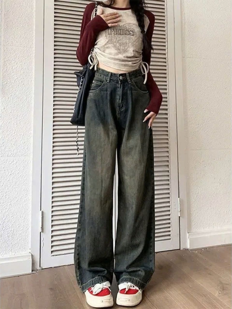 Quần jeans xám xi măng, xếp ly cỡ lớn, cạp cao, dáng rộng ôm, thời trang Quảng Châu QJ073250