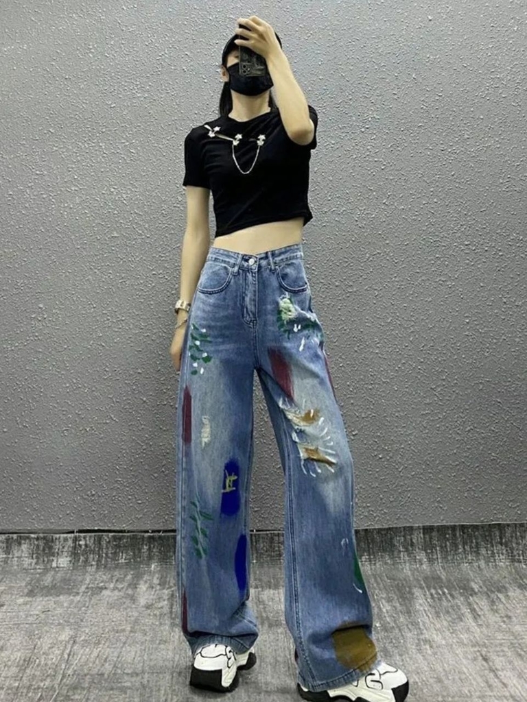 Quần jean rách gối phối sơn cạp cao ống rộng dáng suông dài phong cách HIP HOP QJ018250
