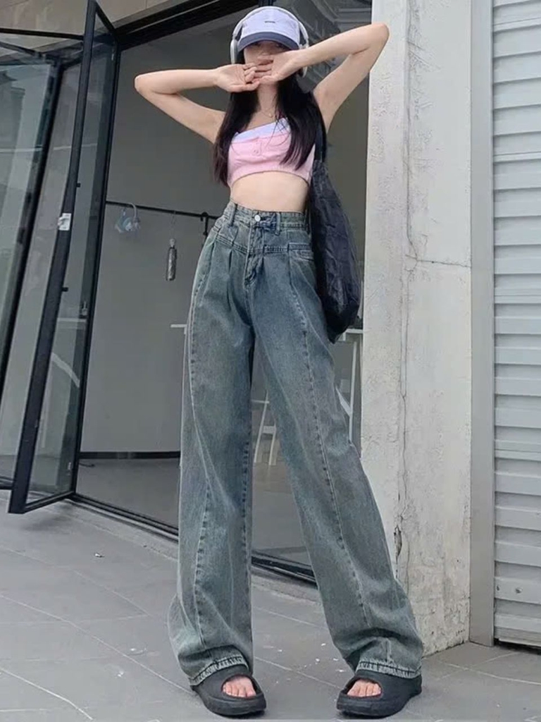 Quần jeans nữ cạp cao mùa xuân hè, quần denim ống rộng, ống đứng, rộng rãi, thời trang và thoải mái QJ099250