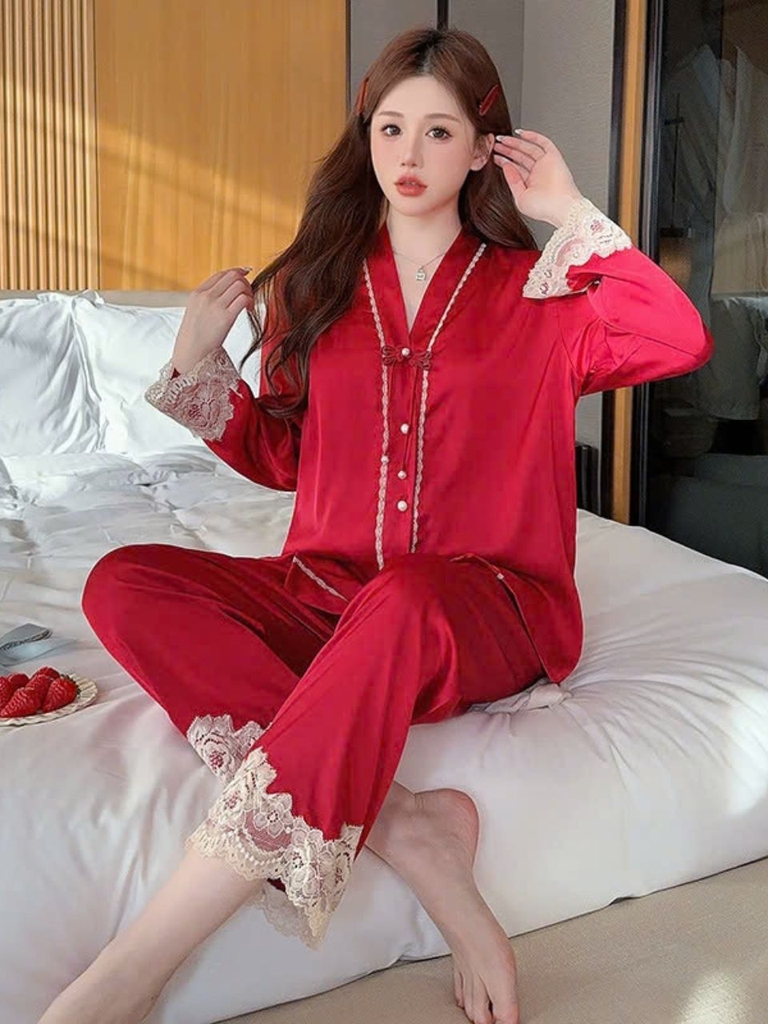 Bộ đồ ngủ lụa tuyết, tay dài, quần dài, ren tinh tế, phong cách cao cấp cho mùa xuân DN138250