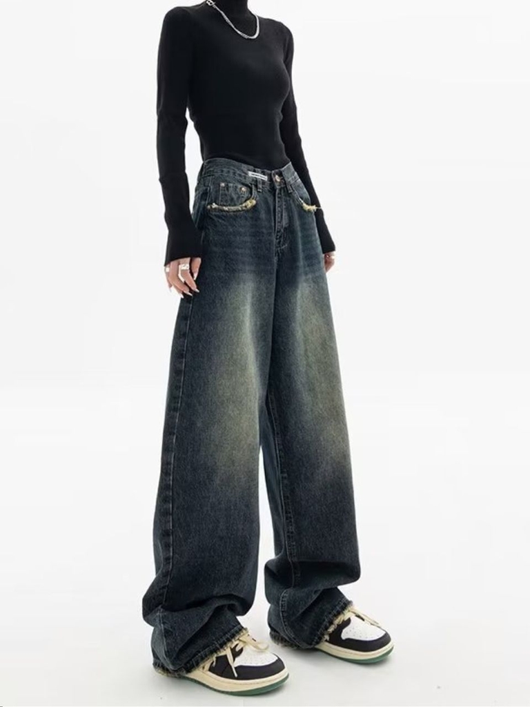Quần jeans ống rộng cap cao chun dáng suông phong cách cổ điển QJ024250
