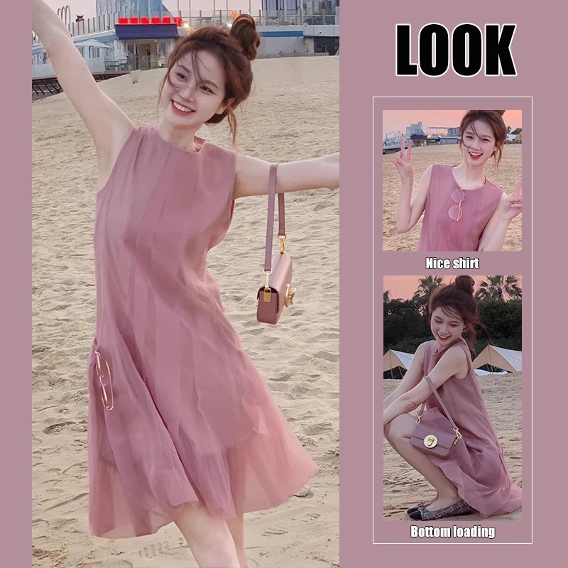 Đầm voan tơ sát nách hồng ruốc ngọt ngào nhẹ nhàng tiểu thư đi chơi du lịch phong cách trẻ trung Hàn Quốc D103240